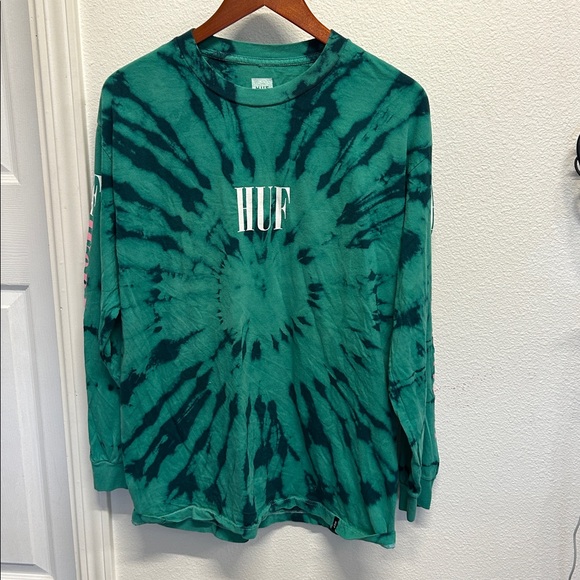 HUF Worldwide Tie Dye Long Sleeve T-shirt Green Pink Large - Picture 3 of 10